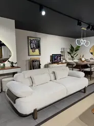 Ünye Spot sıfır bukle koltuk takımı, krem kumaş, ceviz ahşap kaide