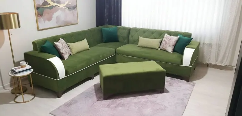 Ünye Spot sıfır köşe takımı, yeşil kadife kumaş, puflu — kumaş rengi seçmeli
